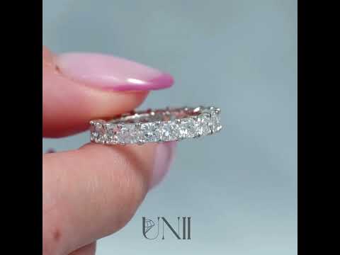 Common :: 3ct cushion lab grown diamond eternity ring in white gold featuring IGI certified diamonds. A timeless full diamond band with soft cushion edges and balanced brilliance, perfect for stacking, weddings, and everyday luxury.