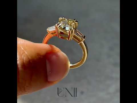 Common :: Lunarae 2.70 carat modified cushion yellow three stone lab grown diamond engagement ring IGI certified full ring video fancy yellow diamond