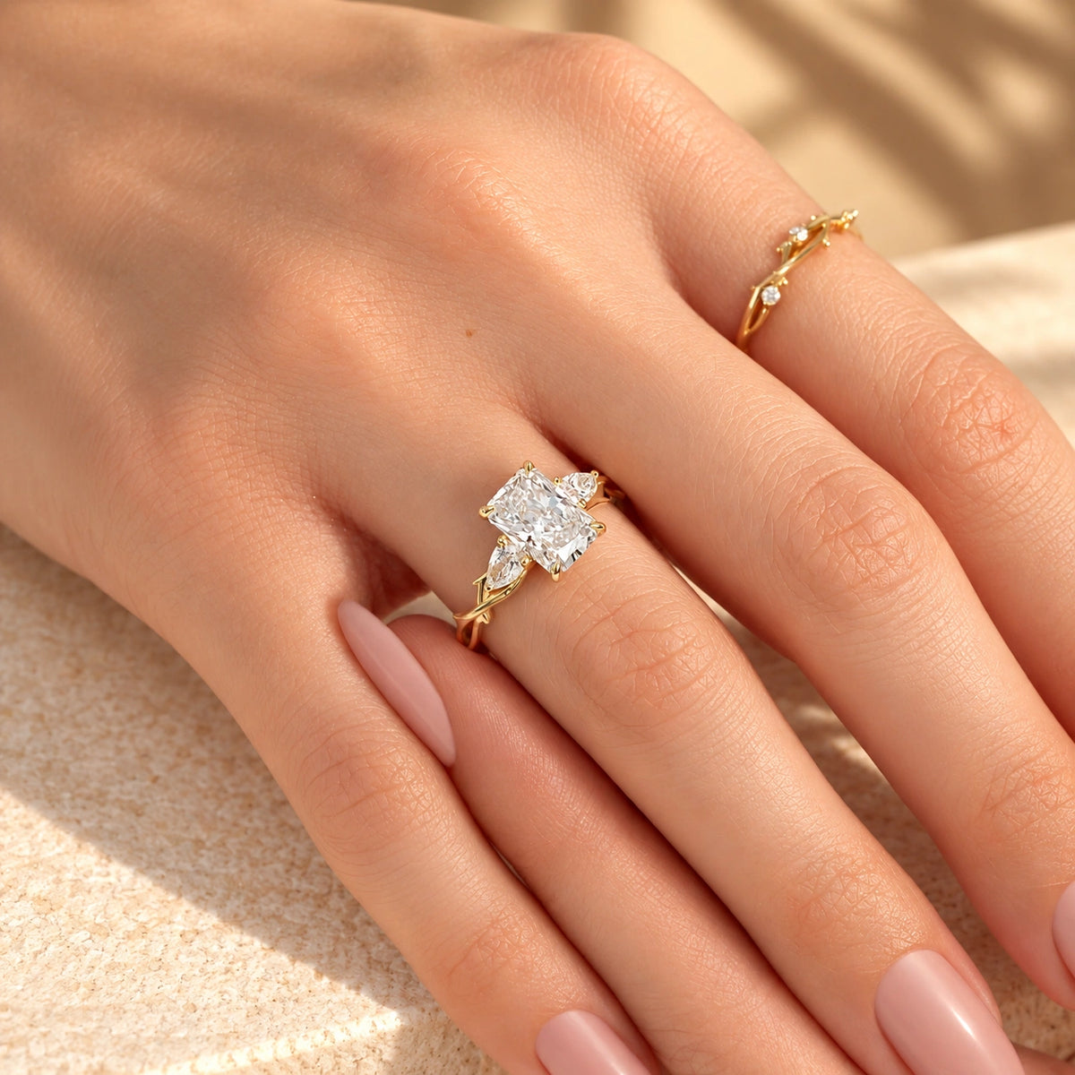 Common :: 2ct Radiant Cut lab grown diamond engagement ring with Pear side diamonds