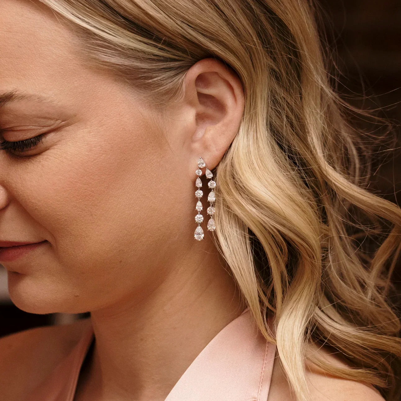 Round And Pear Two Strand Duet Earrings, EF Color, VS Clarity, IGI Certified, IGI Certified