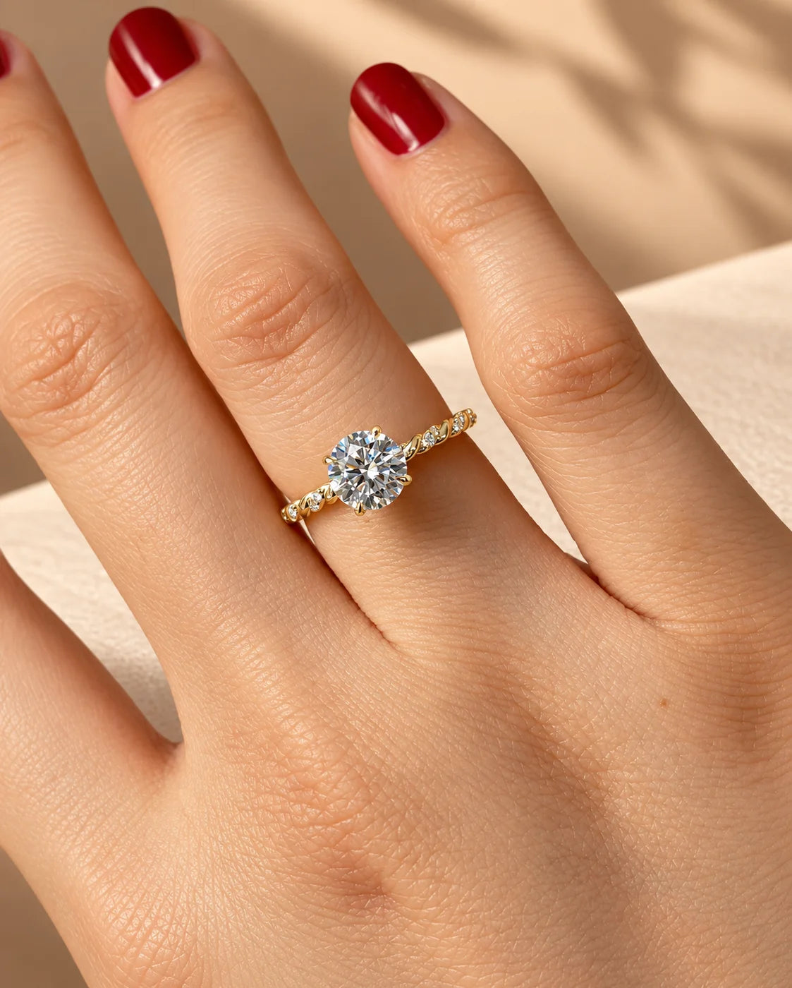 Common :: 1.00CT Round Diamond with Round Accent Twist Shank Ring