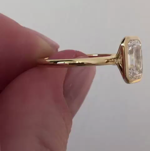 Emerald Cut 1.70ct Lab Grown Diamond Bezel Engagement Ring | Minimalist Solitaire | IGI Certified | Yellow Gold | Ethical Jewelry
