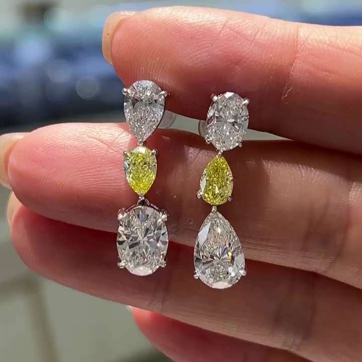 7.00tcw Pear Fancy Yellow & Oval Lab Grown Diamond Dangle Earrings | White Gold | VVS–VS Clarity | IGI Certified | Luxury Drop Earrings