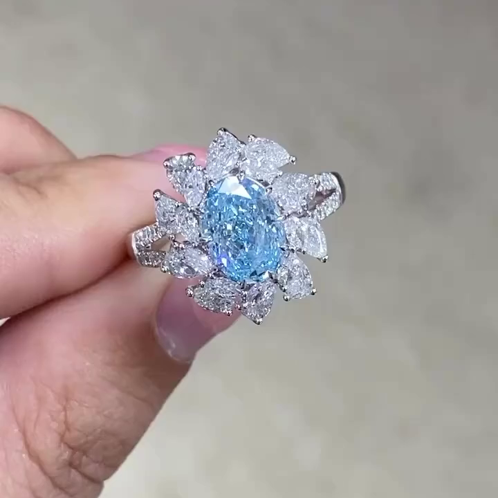 Fancy Blue Oval Lab Diamond Ring 5.00tcw with Floral Halo | VVS–VS IGI Certified