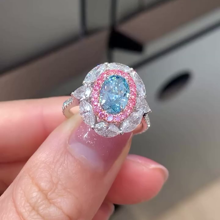 Oval Fancy Blue 3.30tcw Lab Diamond Double Halo Ring | IGI Certified | Pink & Marquise