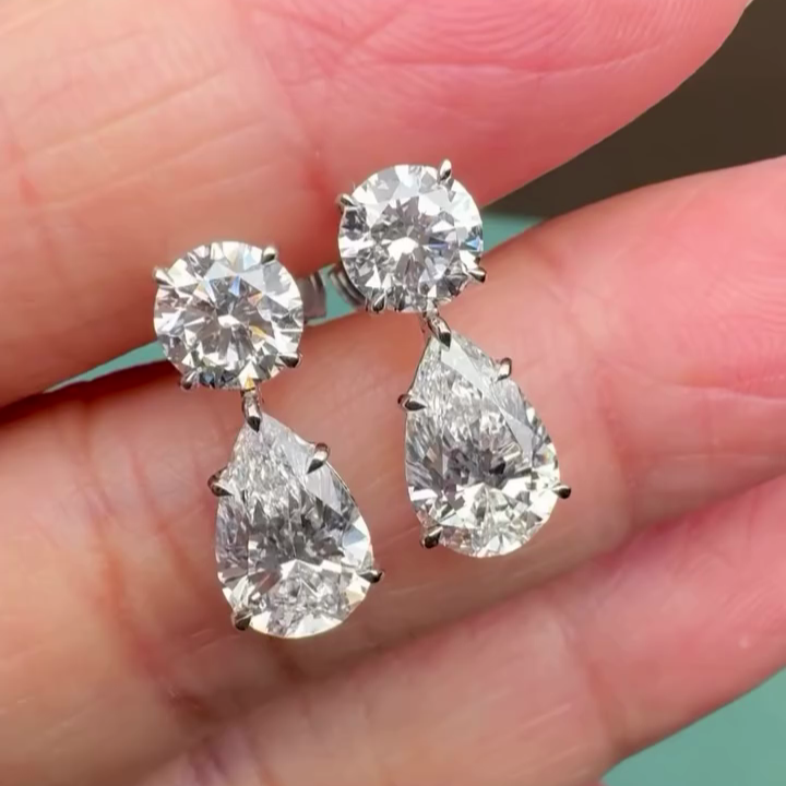 Round And Pear 10.00tcw Lab Grown Diamond Dangle Drop Earrings, D-E-F Color, VVS-VS Clarity