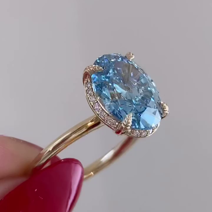 Oval Fancy Blue 3.30tcw Lab Diamond Hidden Halo Ring | IGI Certified | D-E-F | VVS–VS