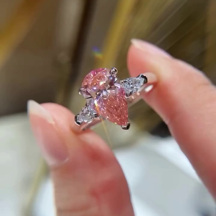 Pear Shape 2.60tcw Fancy Pink Lab Grown Diamond Engagement Ring | Three Stone Ring | 2.50ct Center | IGI Certificate
