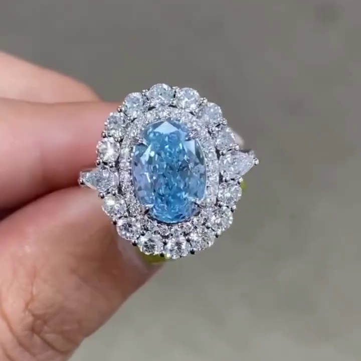 Fancy Blue 5.50tcw Oval Lab Diamond Double Halo Ring | IGI Certified