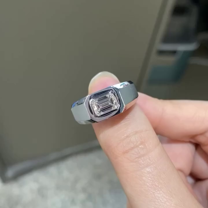 2.00ct Emerald Lab Grown Diamond Men’s Bezel Ring | IGI Certified | White Gold | VVS Clarity