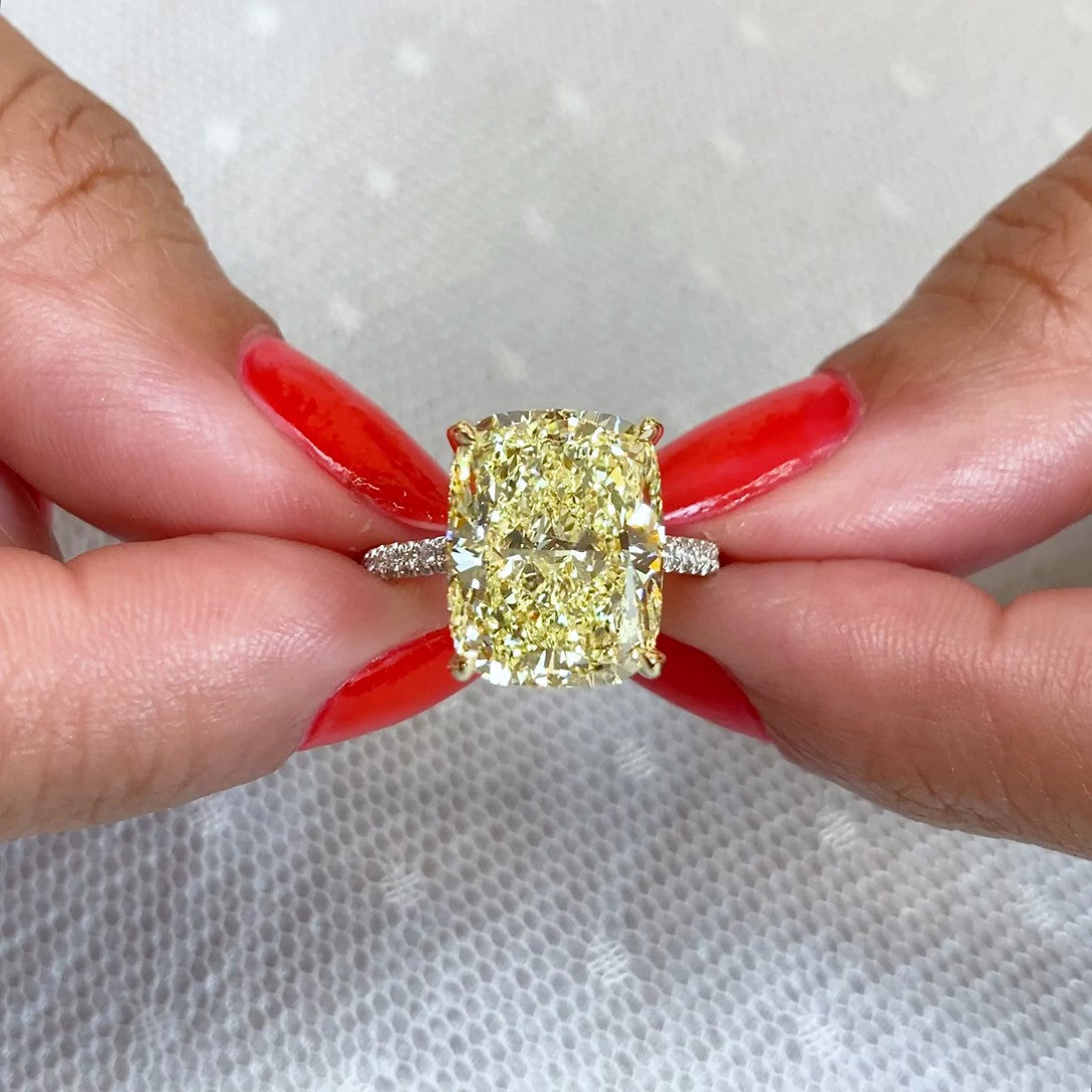 8.00tcw Cushion Fancy Yellow Lab Diamond Ring | IGI Certified | Two-Tone Hidden Halo Setting