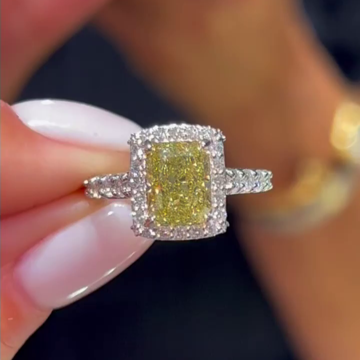 3.40tcw Cushion Cut Yellow Diamond Engagement Ring | Halo with Side Diamonds