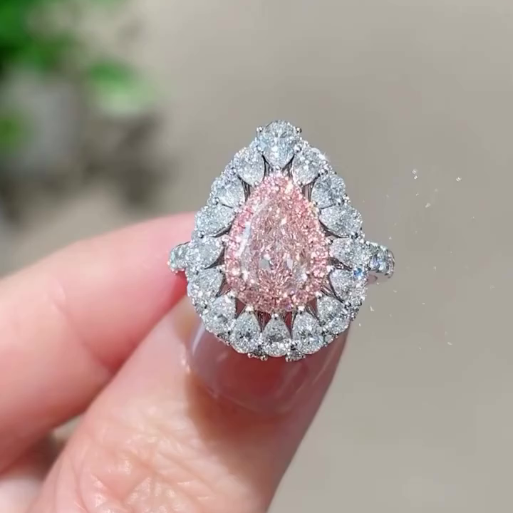 Pear Shape 4.50tcw Pink Lab Grown Diamond Halo Engagement Ring | 1.50ct Center | 3.00ct Side Stones | Fancy Pink Diamond | IGI Certified
