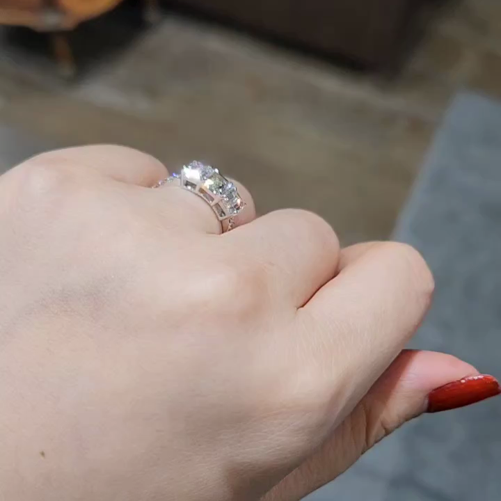 3.30tcw Emerald Lab Diamond Pavé Engagement Ring | Three Stone | Custom Gold | IGI Certified