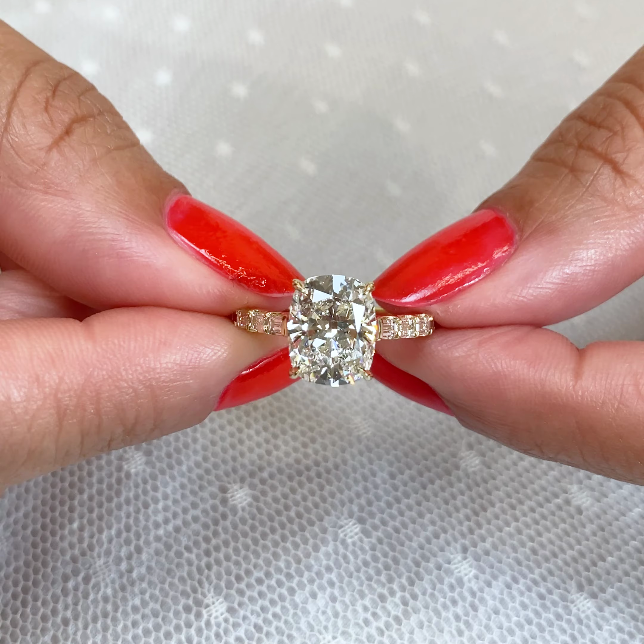 Cushion 3.60tcw Lab Diamond Baguette Pave Engagement Ring | IGI Certified | Yellow Gold