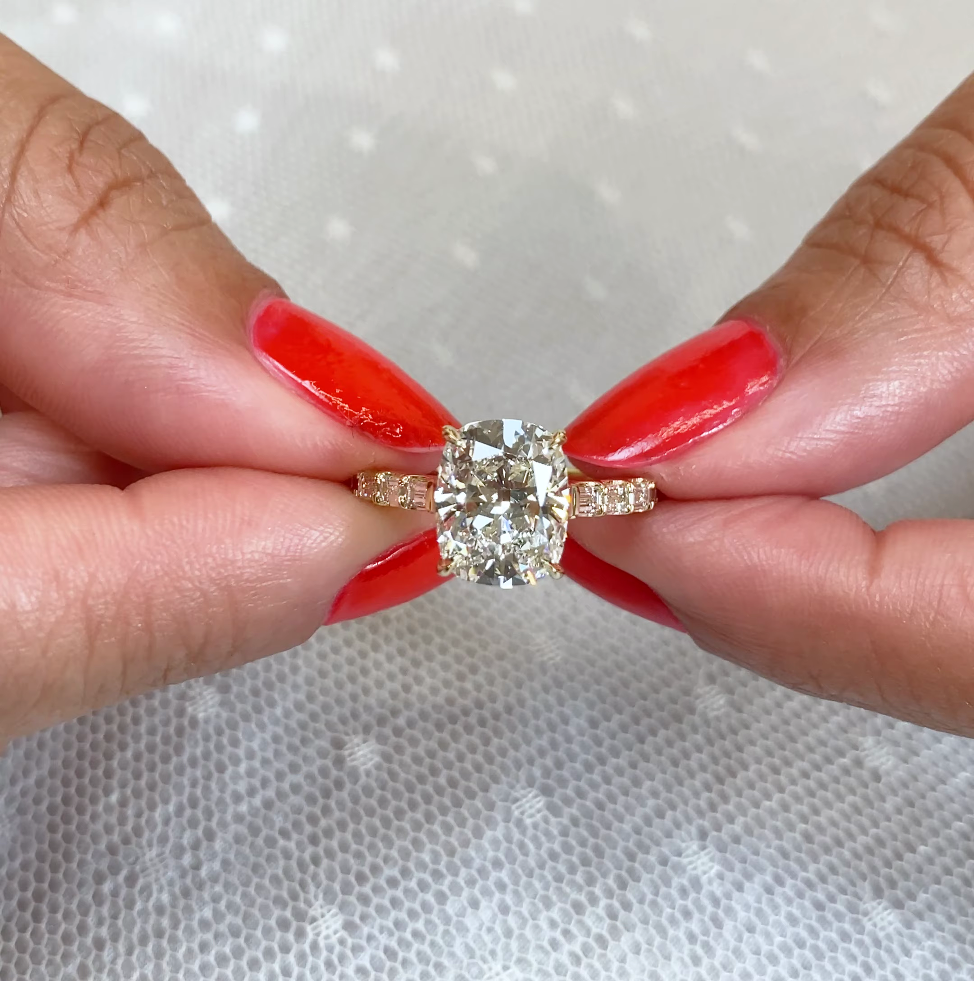 Cushion 3.60tcw Lab Diamond Baguette Pave Engagement Ring | IGI Certified | Yellow Gold