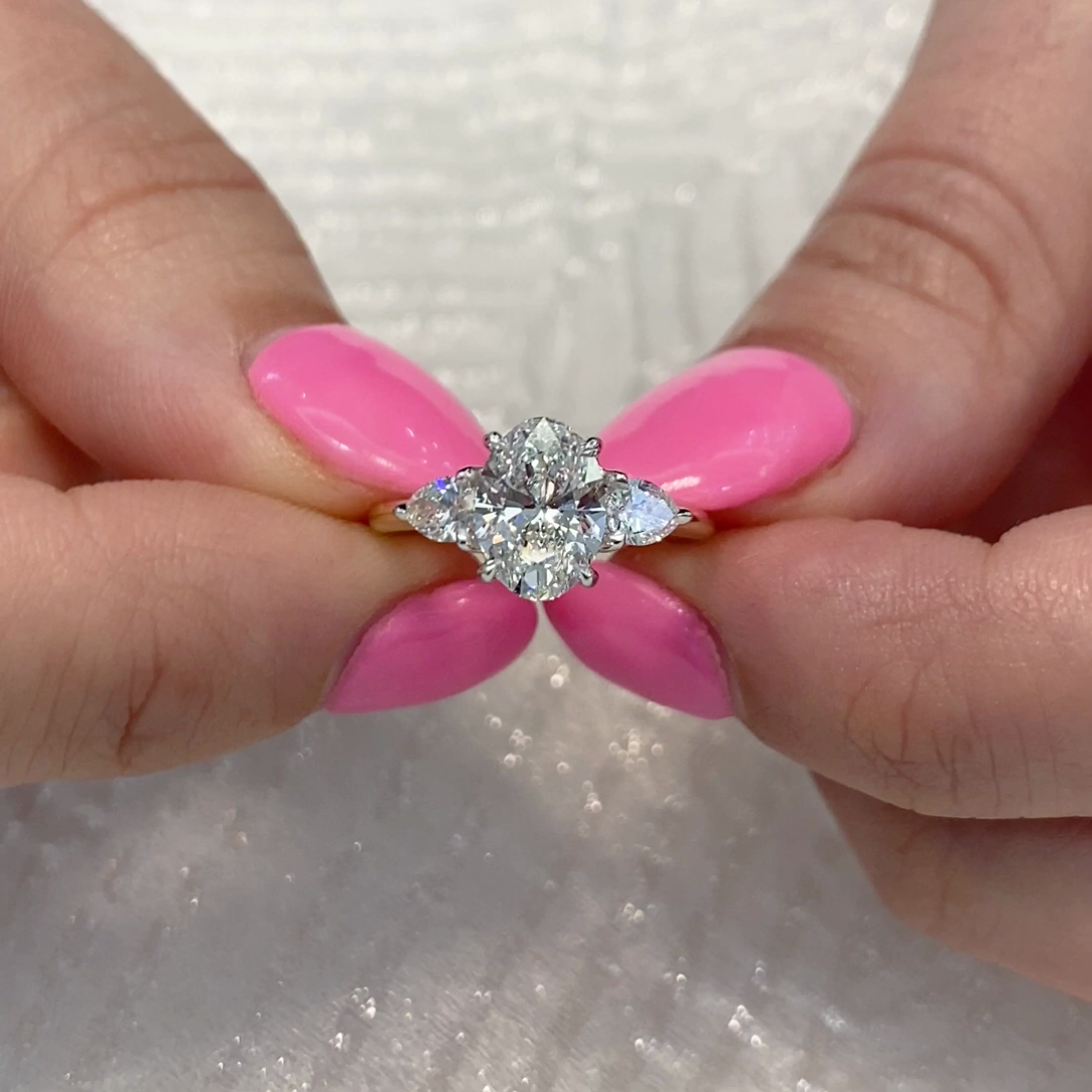 Oval 1.90tcw Lab Diamond Ring | 1.50ct Center + Pear Sides | IGI Certified | D-E-F VVS–VS