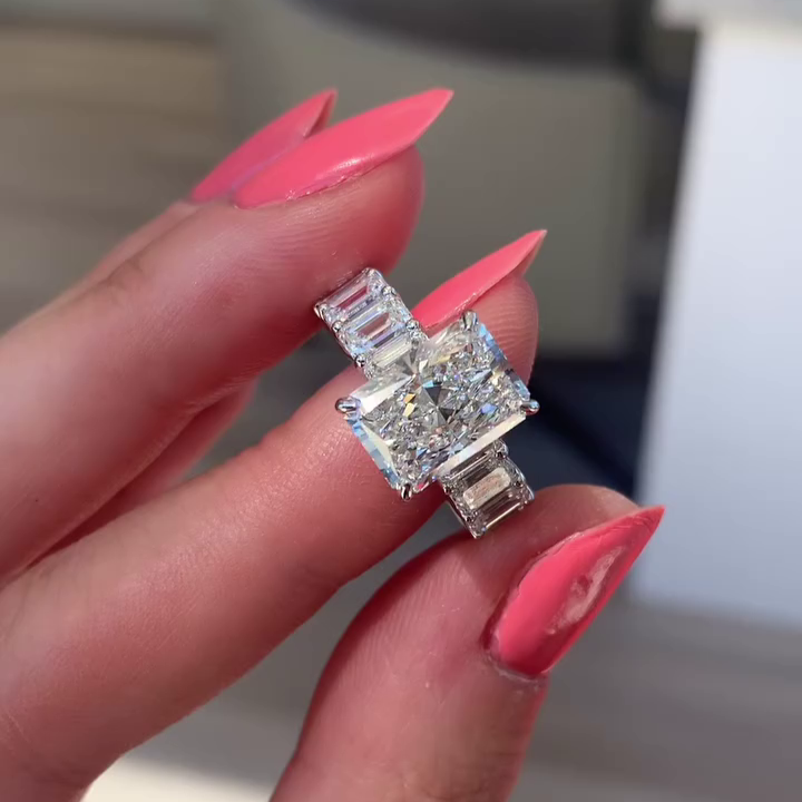 11.30tcw Radiant Lab-Grown Diamond Engagement Ring with Emerald Side Stones