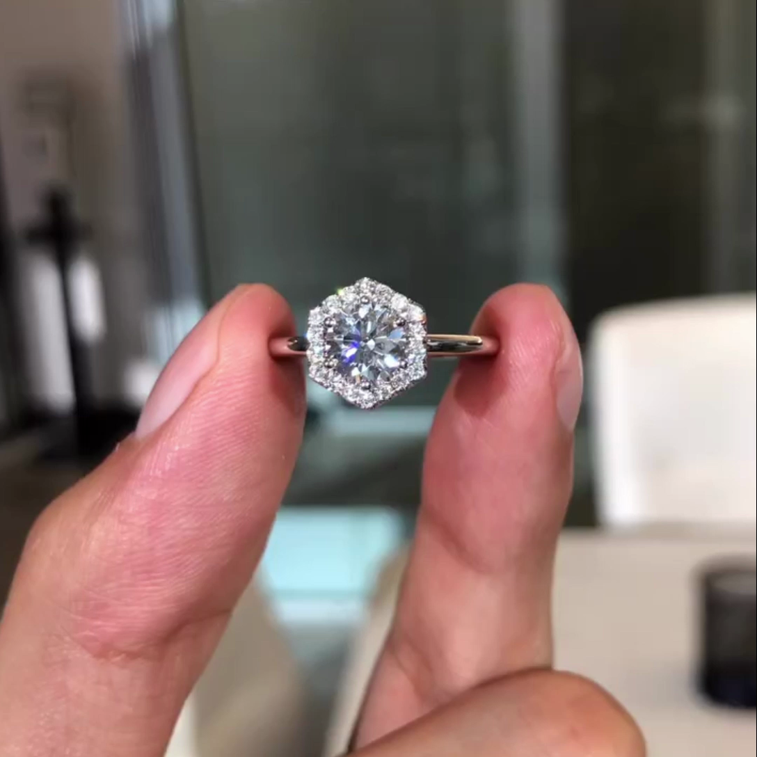 Round 2.60tcw Lab Diamond Hexagon Halo Engagement Ring | 2ct Center | IGI Certified