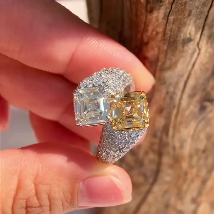 Asscher 5.50tcw Fancy Yellow & White Lab Diamond Ring | Bypass Pave | IGI Certified