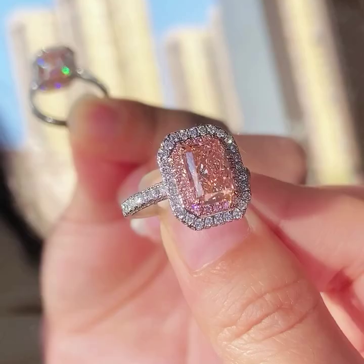 Fancy Pink Lab Diamond Ring 6.00tcw | 5ct Radiant Halo Engagement Ring | IGI Certified