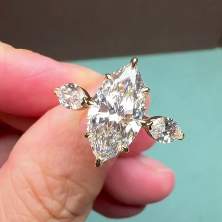 Marquise 3.60tcw Lab Grown Diamond Ring | 3.00ct Center + 0.60ct Marquise Side Stones | IGI Certified | Yellow Gold Three Stone Ring