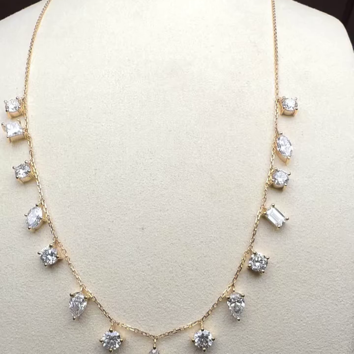 7.50tcw Lab Grown Diamond Dangle Necklace | Multi-Shape Round, Pear, Oval, Marquise, Emerald, Princess | Yellow Gold | IGI Certified