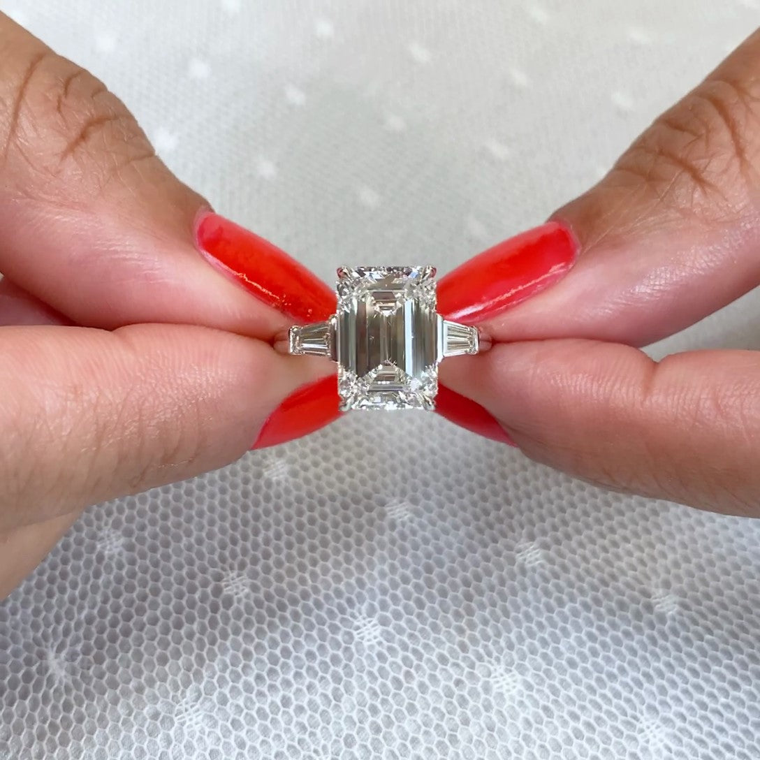 Emerald Cut 4.70tcw Lab-Grown Diamond Engagement Ring | Cathedral Three Stone | IGI Certified
