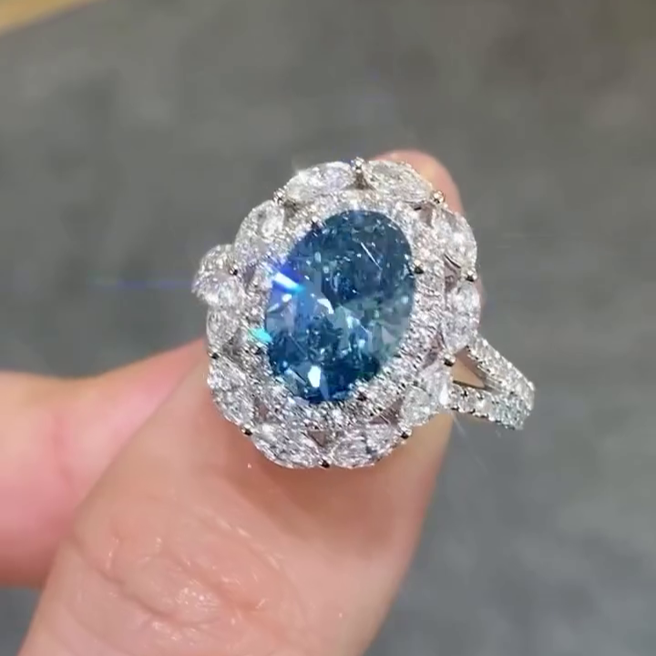 Oval 2.00ct Fancy Blue Lab Grown Diamond Engagement Ring | 5.00tcw Double Halo Ring | IGI Certified | White Gold | VVS–VS Clarity