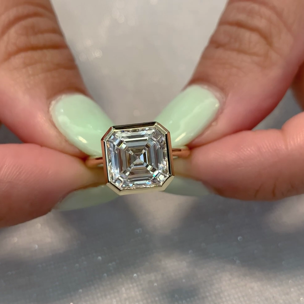 4.00ct Asscher Lab Grown Diamond Bezel Engagement Ring | IGI Certified | DEF VVS | Custom Gold