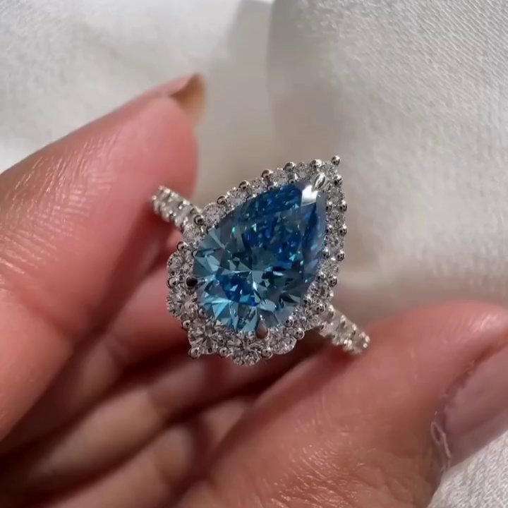 Fancy Blue Pear 6.00tcw Lab Grown Diamond Halo Engagement Ring | IGI Certified