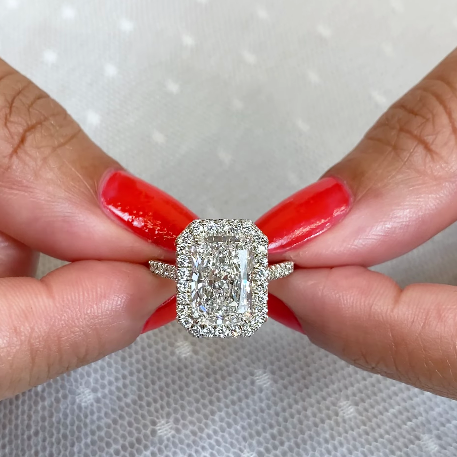 Radiant 3.80tcw Lab Grown Diamond Double Edge Halo Engagement Ring, D-E-F Color, VVS-VS Clarity - IGI Certified