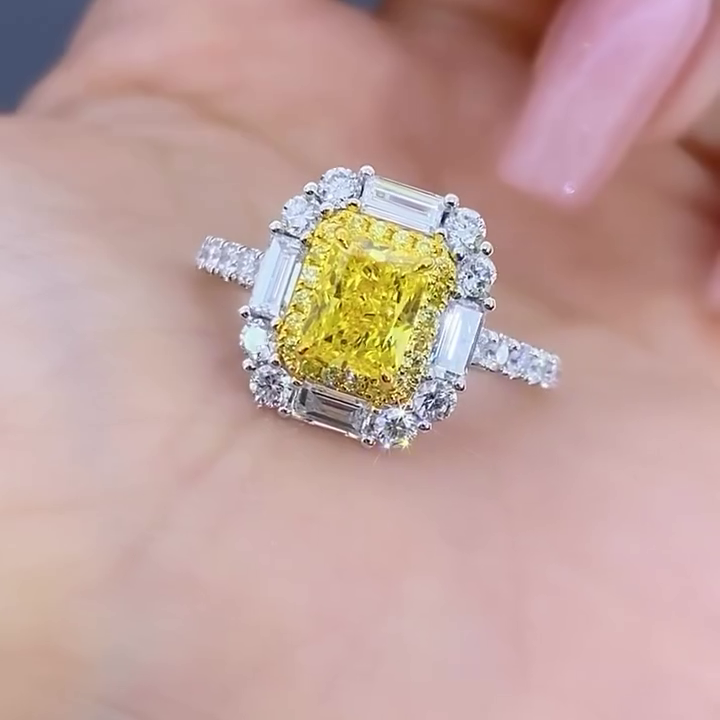 Fancy Yellow 2.50tcw Lab Diamond Halo Engagement Ring | Radiant Cut | IGI Certified