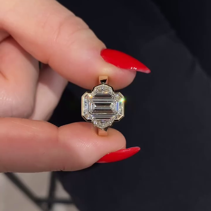 Emerald 2.60tcw Lab Grown Diamond Bezel Engagement Ring with Half Moon Side Stones