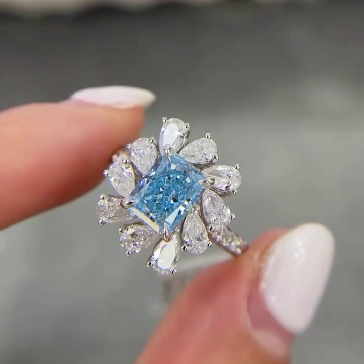 Fancy Blue Radiant 3.00tcw Lab Grown Diamond Cluster Engagement Ring | IGI Certified