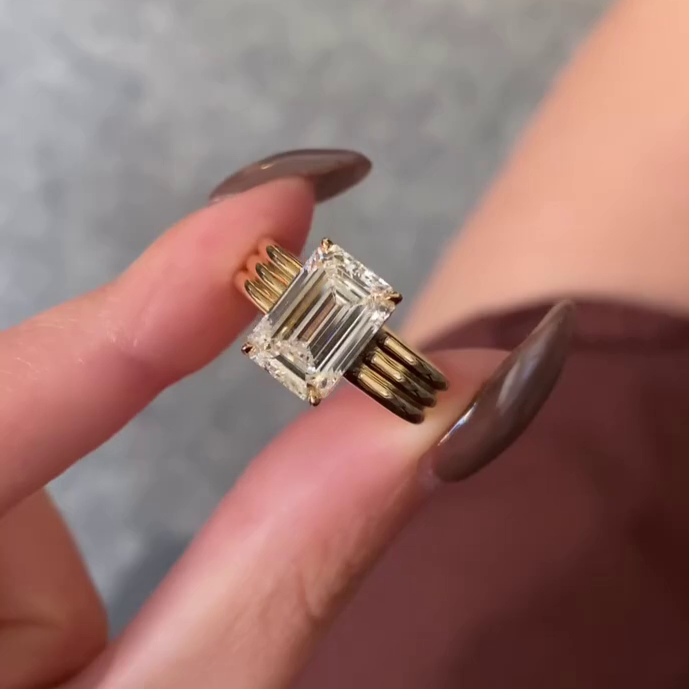 3.50ct Emerald Lab Grown Diamond Engagement Ring | Three-Rounded Band | IGI Certified