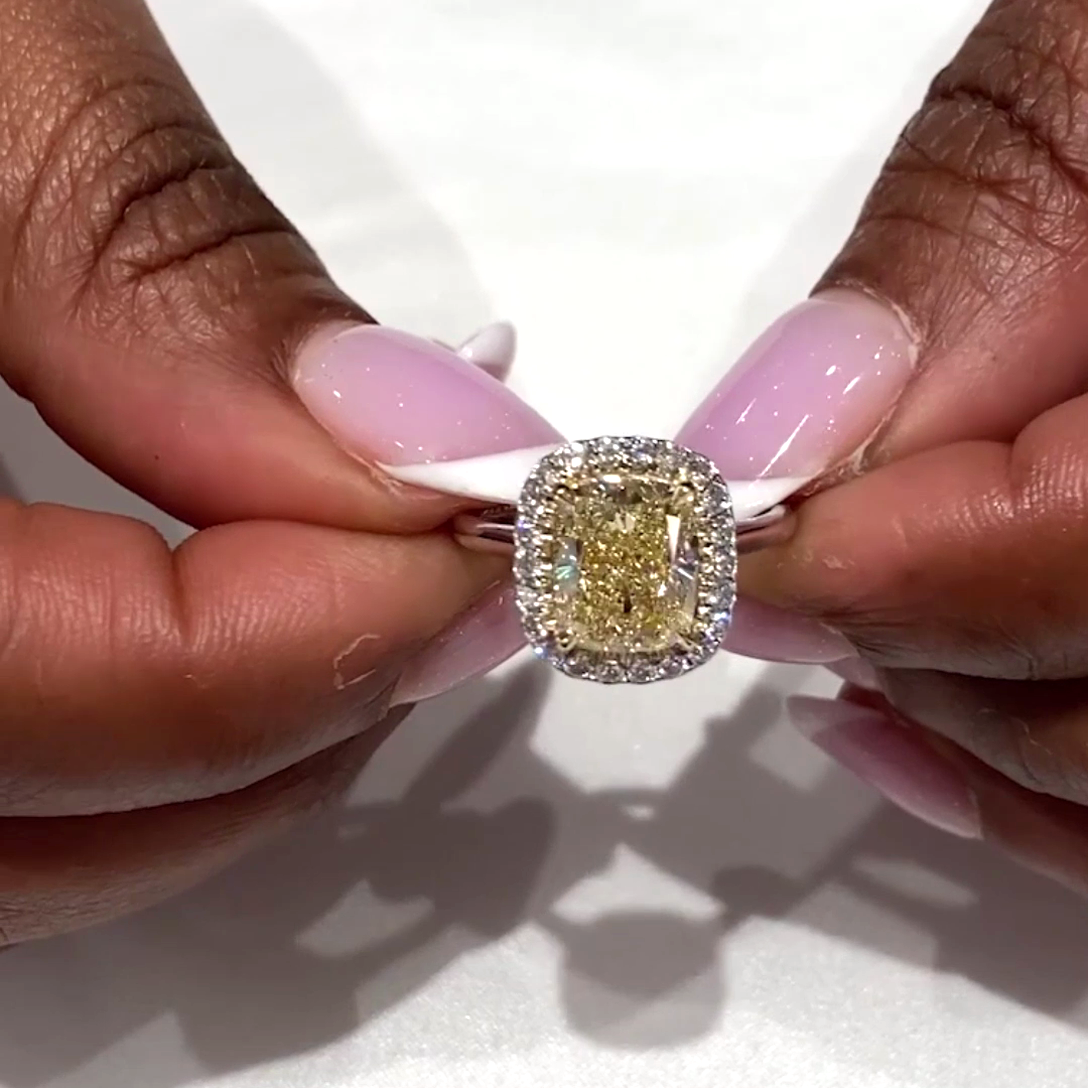 Cushion 3.30tcw Fancy Yellow Lab Diamond Halo Ring | IGI Certified | White Gold