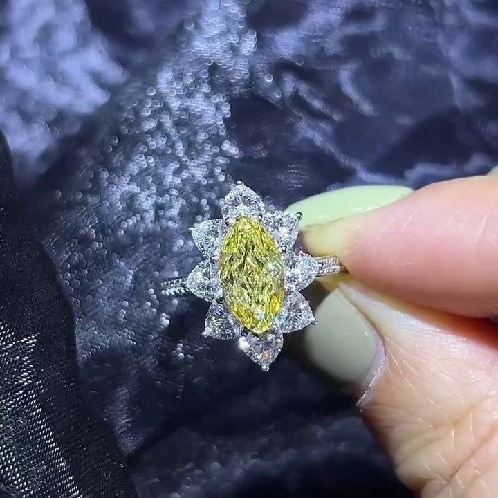 Marquise Fancy Yellow 6.10tcw Lab Diamond Heart Halo Ring | IGI Certified | VVS–VS