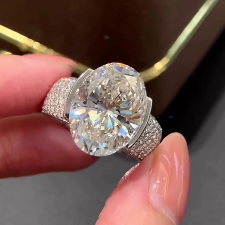 Oval 11.50tcw Lab Diamond Ring | Pave Half Bezel | IGI Certified | D-E-F Color | VVS–VS Clarity