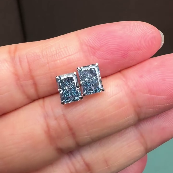 Radiant Fancy Blue 2.00tcw Lab Grown Diamond Stud Earrings | Basket Set in White Gold | VVS–VS Clarity | IGI Certified | Ethical Sparkle