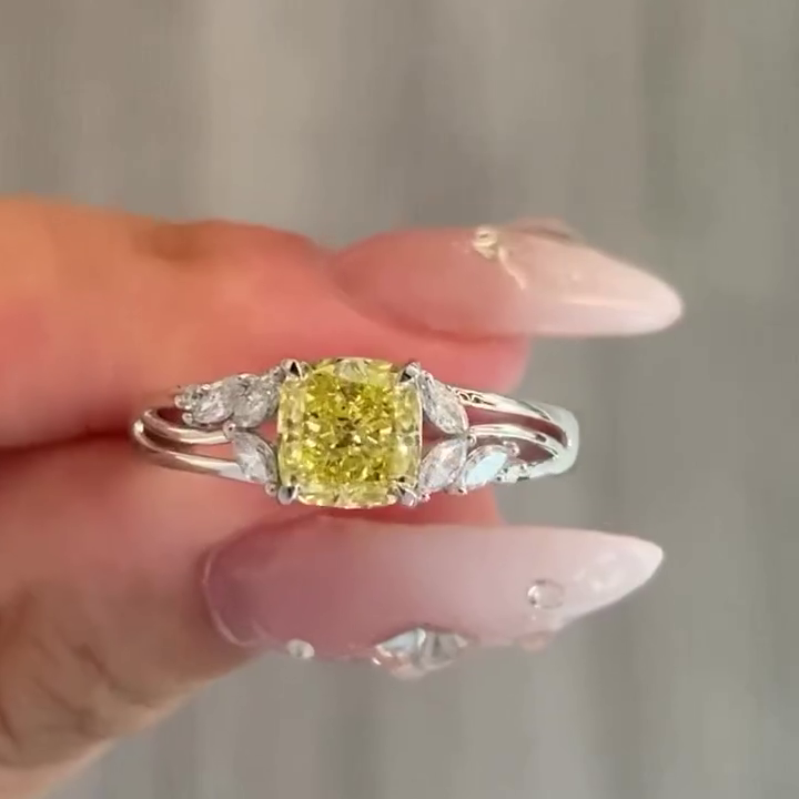 3.00ct Fancy Yellow Cushion Cut Diamond Ring | 0.30ct Side Stones | 14K White Gold | Unique Split Shank Engagement Ring
