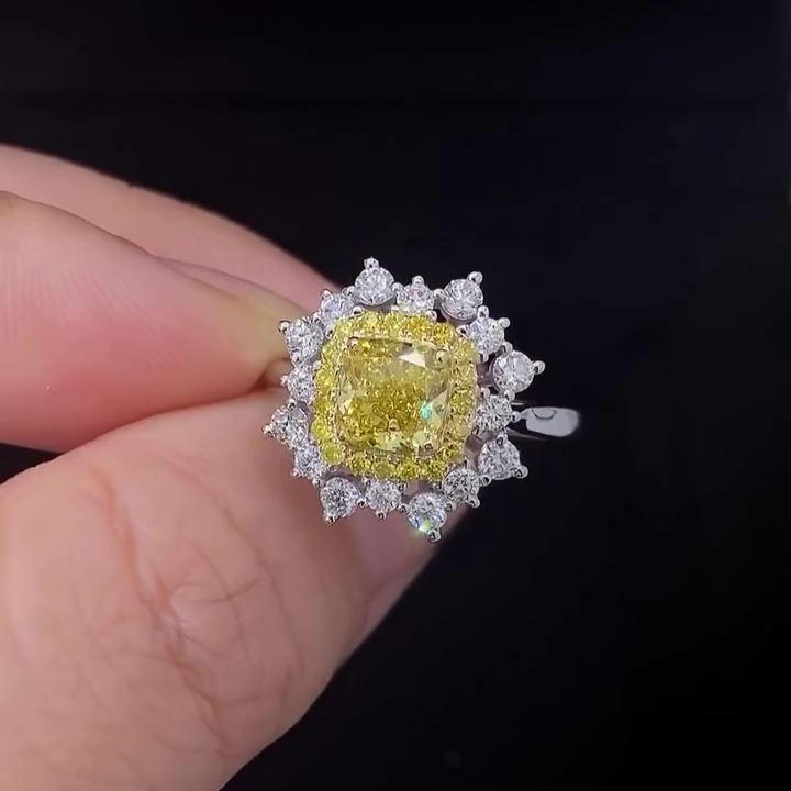 2.30tcw Fancy Yellow Cushion Lab Grown Diamond Double Halo Ring | IGI Certified 1ct Center | Gold Engagement Ring