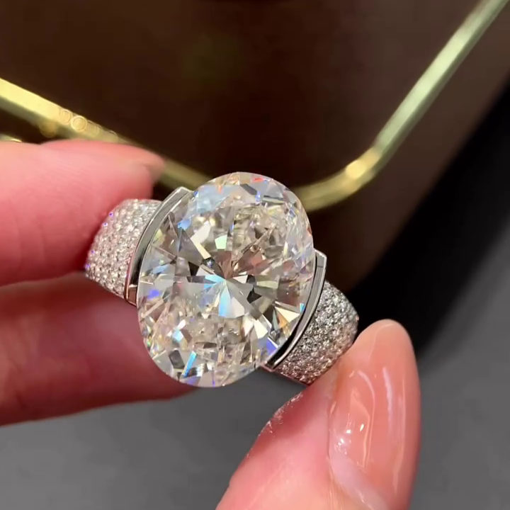 Oval 11.50tcw Lab Diamond Ring | Pave Half Bezel | IGI Certified | D-E-F Color | VVS–VS Clarity