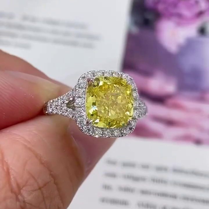 3.50tcw Fancy Yellow SQ.Cushion Lab Diamond Ring | Halo Split Style | IGI Certified