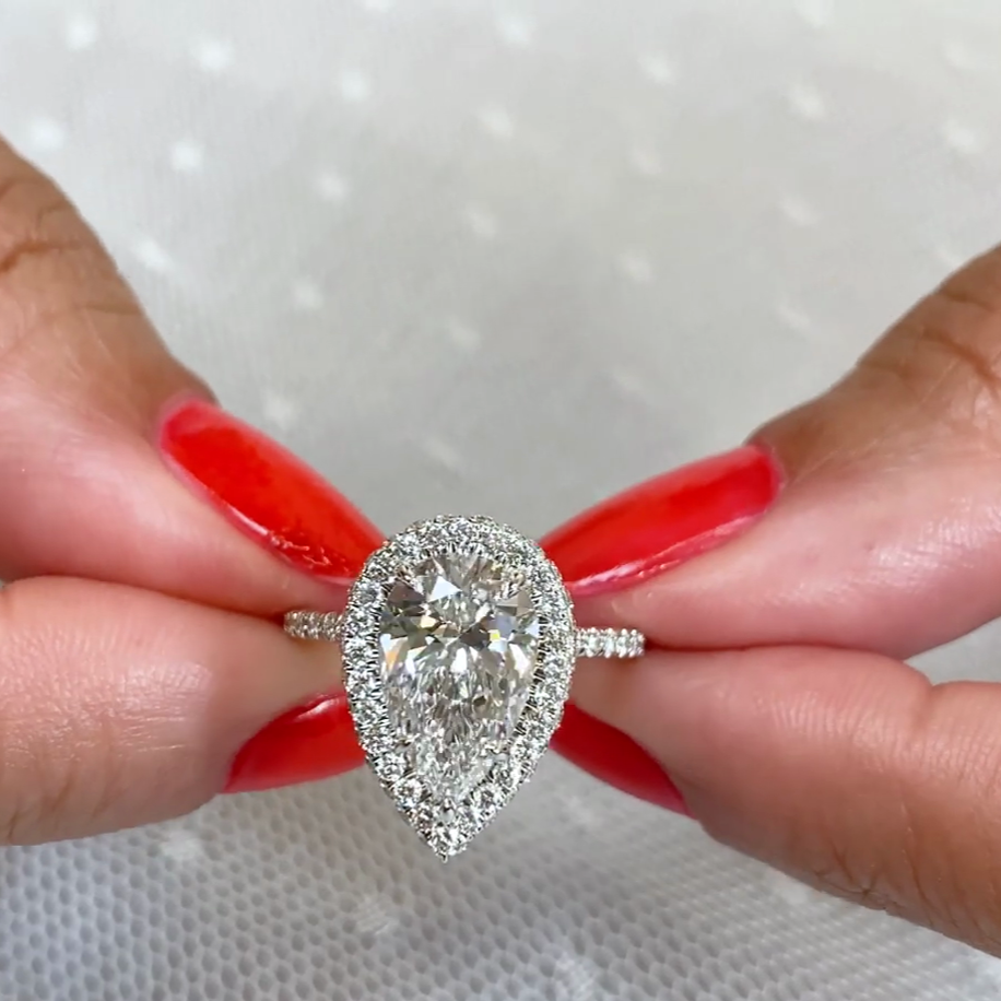 Pear 3.00tcw Lab Grown Diamond Halo Engagement Ring | IGI Certified | DEF VVS–VS Clarity