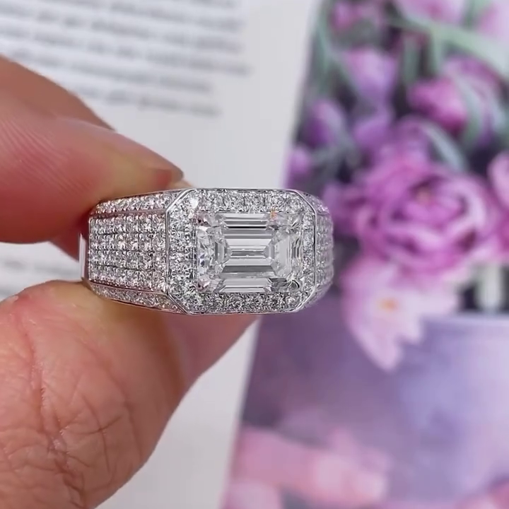 3.50tcw Men’s Engagement Ring | Emerald Lab Diamond with Round Side Stones | IGI Certified