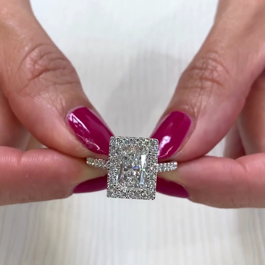 Radiant 2.60tcw Lab Diamond Double Halo Engagement Ring | IGI Certified DEF VVS–VS