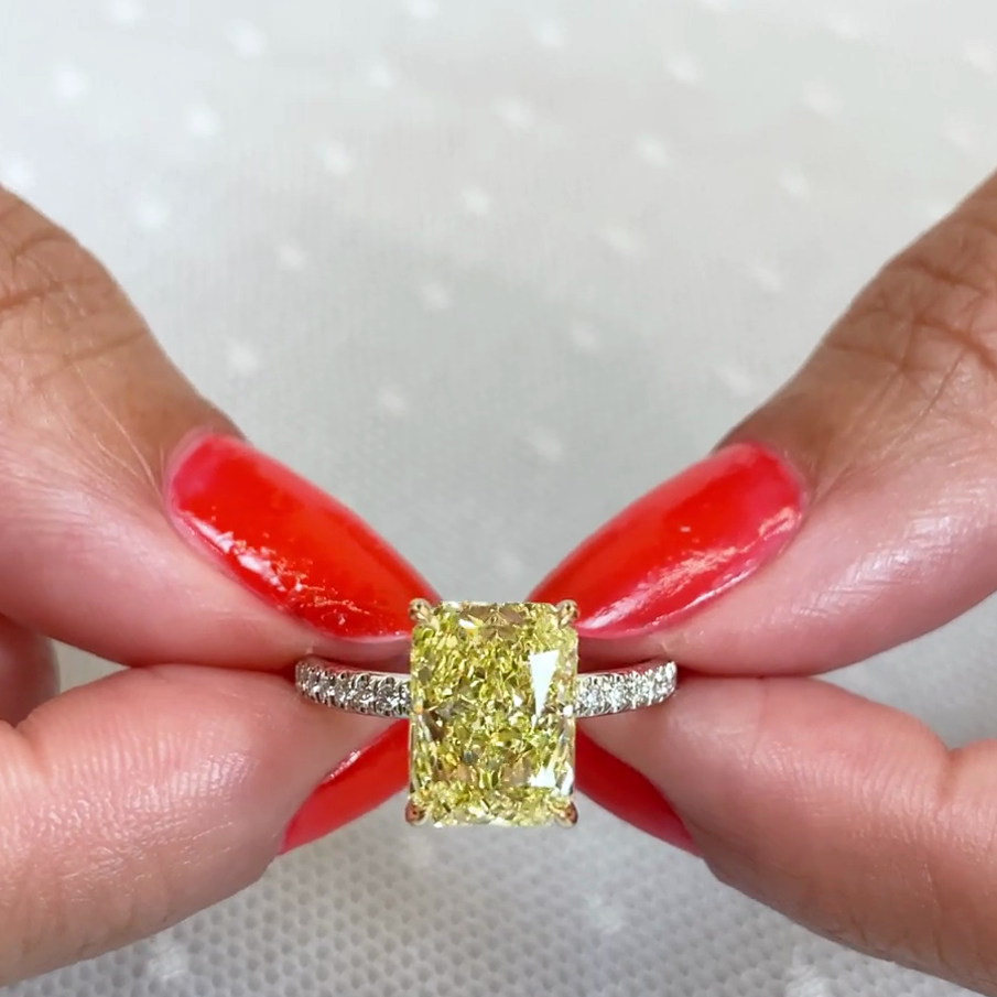 Radiant 3.90tcw Fancy Yellow Lab Diamond Ring | Two-Tone | Hidden Halo | IGI Certified