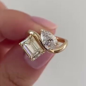 Emerald Fancy Yellow And Pear White 2.50tcw Lab Grown Diamond Two Stone Engagement Ring, VS Clarity