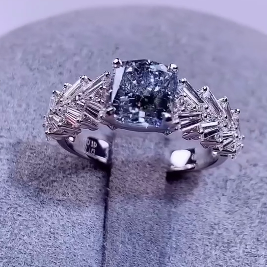 Cushion Blue 1.00tcw Lab Grown Diamond Baguette Accent Engagement Ring | White Gold | D-E-F Color | VVS-VS Clarity | IGI Certified